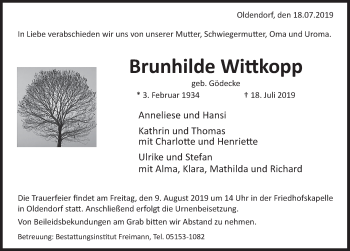 Traueranzeige von Brunhilde Wittkopp von Deister- und Weserzeitung