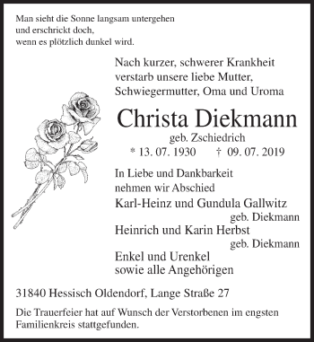 Traueranzeige von Christa Diekmann von Deister- und Weserzeitung