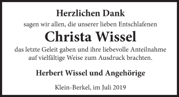 Traueranzeige von Christa Wissel von Deister- und Weserzeitung