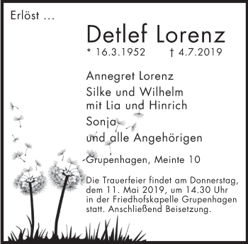 Traueranzeige von Detlef Lorenz von Deister- und Weserzeitung