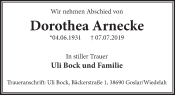 Traueranzeige von Dorothea Arnecke von Deister- und Weserzeitung