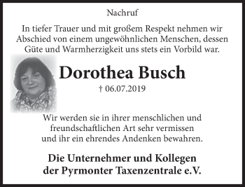 Traueranzeige von Dorothea Busch von Deister- und Weserzeitung