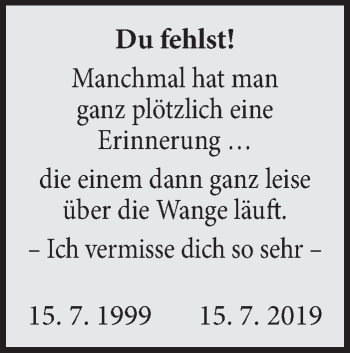 Traueranzeige von Du fehlst!  von Neue Deister-Zeitung