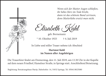 Traueranzeige von Elisabeth Kuhl von Neue Deister-Zeitung