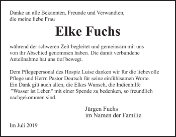 Traueranzeige von Elke Fuchs von Neue Deister-Zeitung