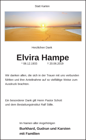 Traueranzeige von Elvira Hampe von Neue Deister-Zeitung