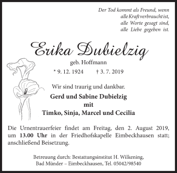 Traueranzeige von Erika Dubielzig von Neue Deister-Zeitung