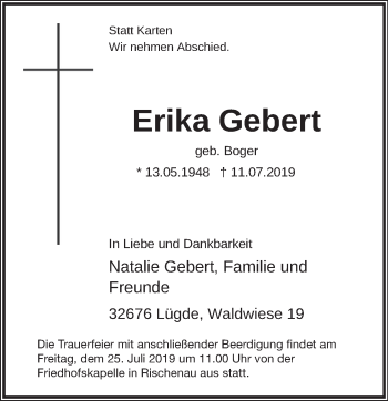 Traueranzeige von Erika Gebert von Deister- und Weserzeitung