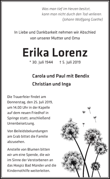 Traueranzeige von Erika Lorenz von Neue Deister-Zeitung