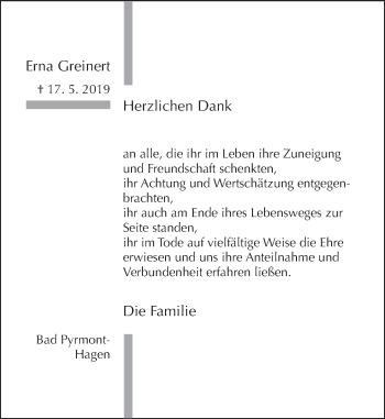 Traueranzeige von Erna Greinert von Deister- und Weserzeitung