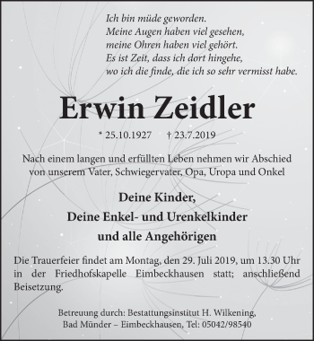 Traueranzeige von Erwin Zeidler von Neue Deister-Zeitung
