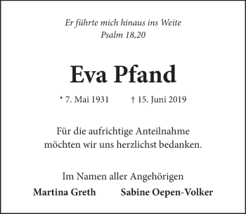 Traueranzeige von Eva Pfand von Neue Deister-Zeitung