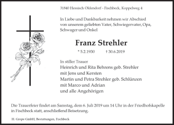 Traueranzeige von Franz Strehler von Deister- und Weserzeitung