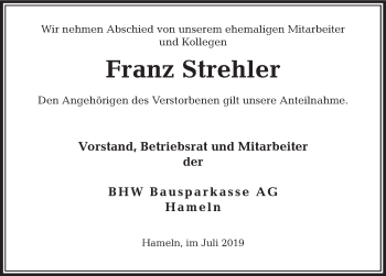 Traueranzeige von Franz Strehler von Deister- und Weserzeitung