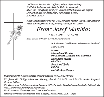 Traueranzeige von Franz Josef Matthias von Deister- und Weserzeitung