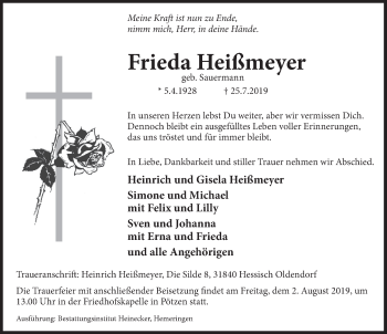 Traueranzeige von Frieda Heißmeyer von Deister- und Weserzeitung