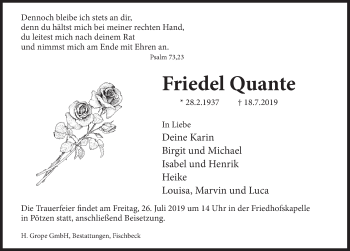 Traueranzeige von Friedel Quante von Deister- und Weserzeitung