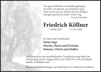 Traueranzeige von Friedrich Köllner von Deister- und Weserzeitung