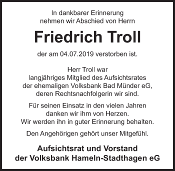 Traueranzeige von Friedrich Troll von Neue Deister-Zeitung