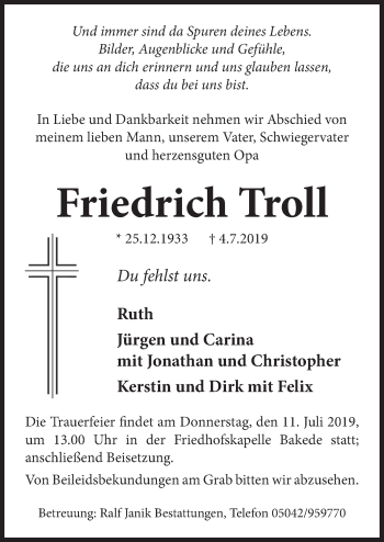Traueranzeige von Friedrich Troll von Neue Deister-Zeitung