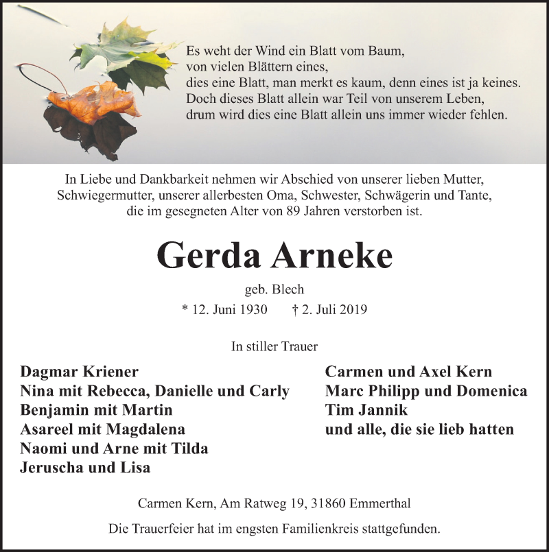  Traueranzeige für Gerda Arneke vom 13.07.2019 aus Deister- und Weserzeitung