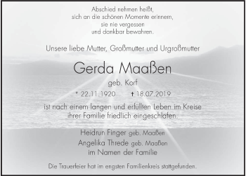 Traueranzeige von Gerda Maaßen von Deister- und Weserzeitung