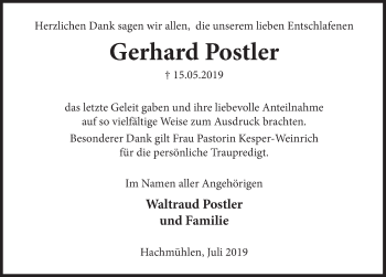 Traueranzeige von Gerhard Postler von Deister- und Weserzeitung
