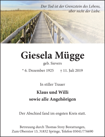 Traueranzeige von Giesela Mügge von Neue Deister-Zeitung