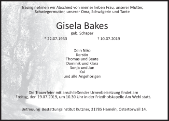 Traueranzeige von Gisela Bakes von Deister- und Weserzeitung