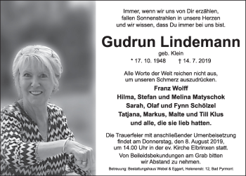 Traueranzeige von Gudrun Lindemann von Deister- und Weserzeitung