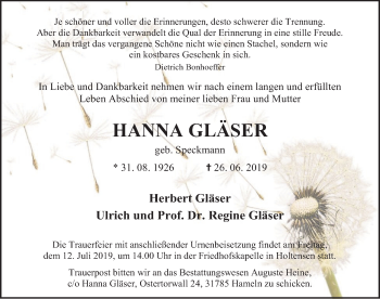 Traueranzeige von Hanna Gläer von Deister- und Weserzeitung