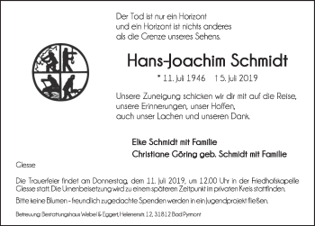 Traueranzeige von Hans-Joachim Schmidt von Deister- und Weserzeitung