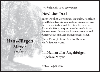 Traueranzeige von Hans-Jürgen Meyer von Deister- und Weserzeitung