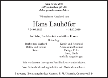 Traueranzeige von Hans Lauhöfer von Deister- und Weserzeitung