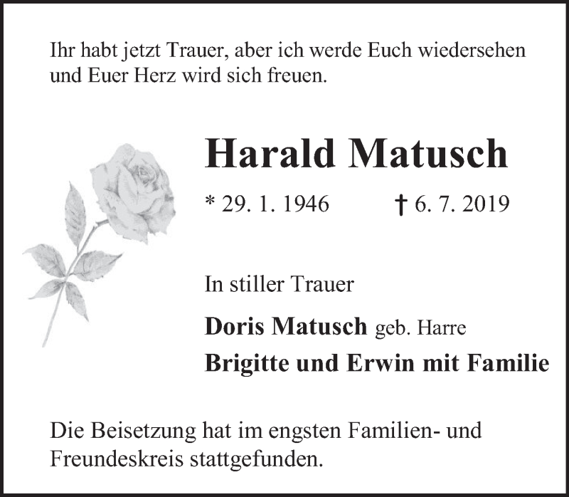  Traueranzeige für Harald Matusch vom 27.07.2019 aus Deister- und Weserzeitung