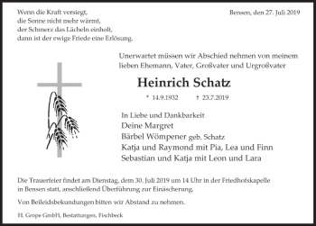 Traueranzeige von Heinrich Schatz von Deister- und Weserzeitung