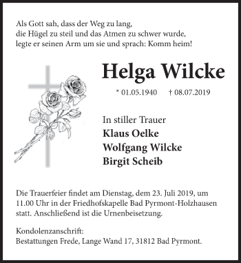 Traueranzeige von Helga Wilcke von Deister- und Weserzeitung