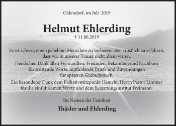 Traueranzeige von Helmut Ehlerding von Deister- und Weserzeitung