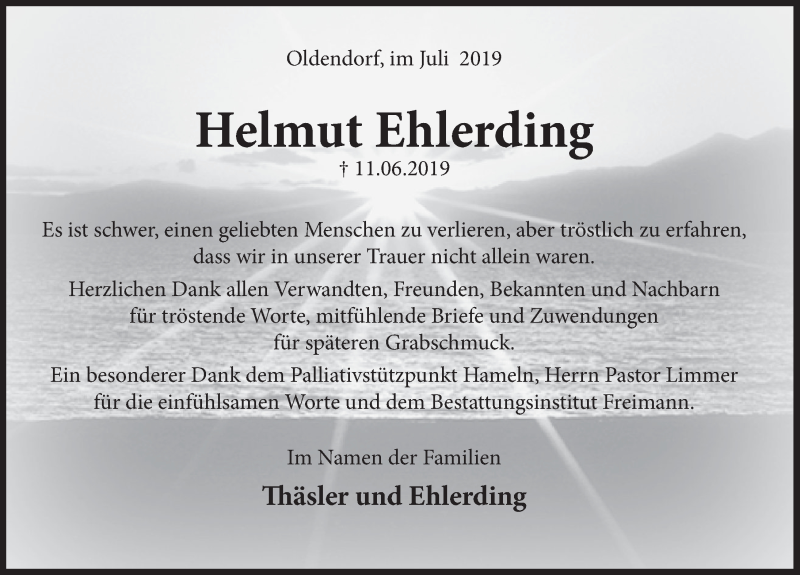  Traueranzeige für Helmut Ehlerding vom 13.07.2019 aus Deister- und Weserzeitung