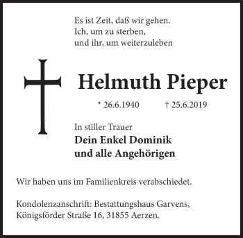 Traueranzeige von Helmuth Pieper von Deister- und Weserzeitung