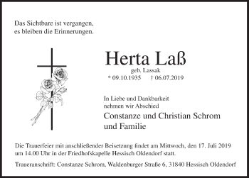 Traueranzeige von Herta Laß von Deister- und Weserzeitung