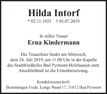 Traueranzeige von Hilda Intorf von Deister- und Weserzeitung