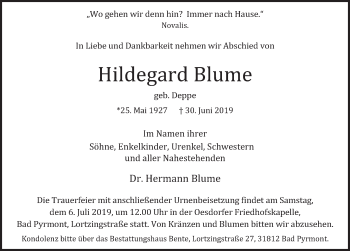 Traueranzeige von Hildegard Blume von Deister- und Weserzeitung