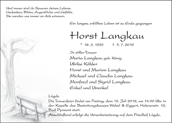 Traueranzeige von Horst Langkau von Deister- und Weserzeitung
