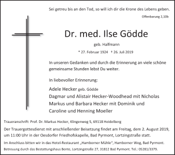 Traueranzeige von Ilse Gödde von Deister- und Weserzeitung