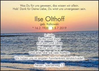 Traueranzeige von Ilse Olthoff von Deister- und Weserzeitung