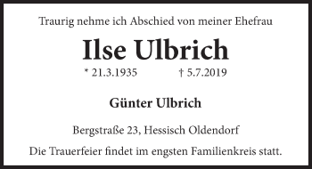 Traueranzeige von Ilse Ulbrich von Deister- und Weserzeitung