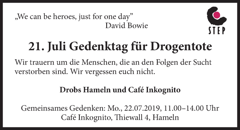  Traueranzeige für In Gedenken  vom 20.07.2019 aus Deister- und Weserzeitung