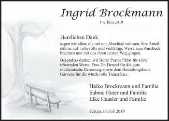 Traueranzeige von Ingrid Brockmann von Deister- und Weserzeitung