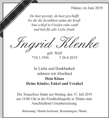 Traueranzeige von Ingrid Klenke von Deister- und Weserzeitung